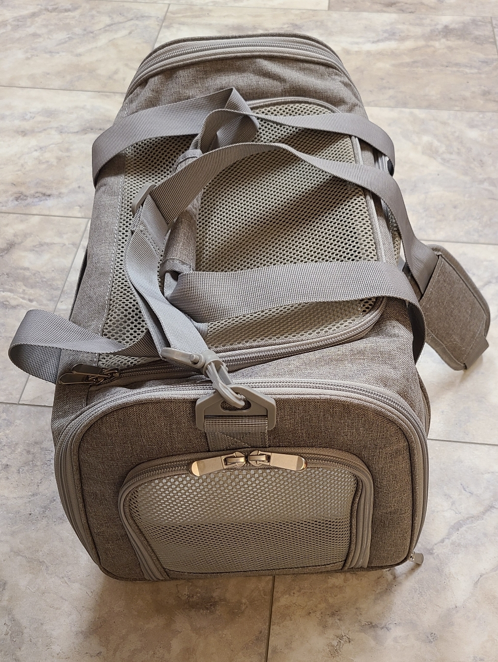 Pet Carrier Soft-Sided Gray Mesh Travel Duffle, Sherpa Pad Zippered Easy Access